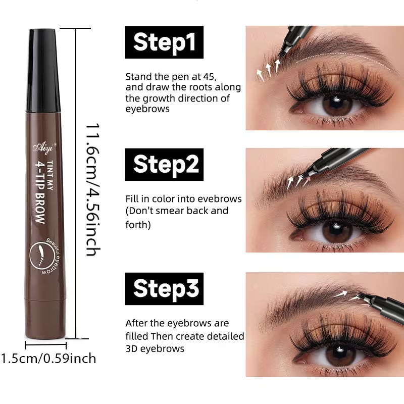 An ultra-fine, four-tip eyebrow pen, perfect for drawing natural-looking brows in one stroke. It's waterproof and smudge-proof, giving you a natural 3D look and precisely defining brow hairs for long-lasting clarity.