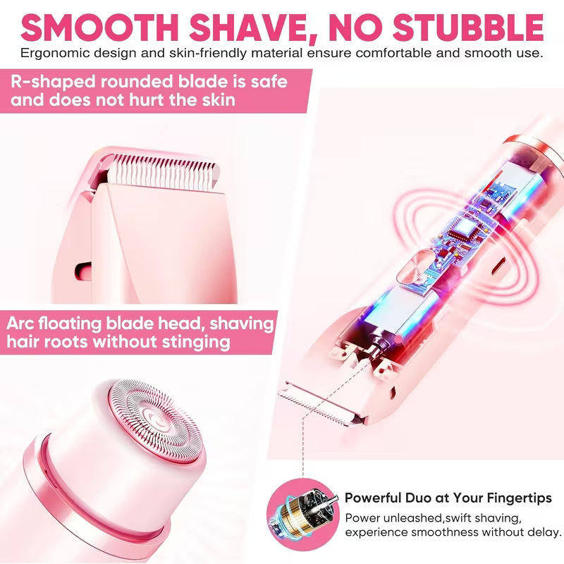Multi-functional Electric Lady Shaver, Dual Head for Eyebrows, Face, Legs, Underarms, Bikini Area. Wet & Dry Use, Adjustable & USB Rechargeable, Portable Design Ensures Precise & Safe Shaving for Smooth Skin Anytime.