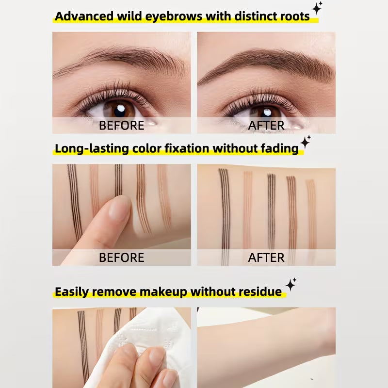 An ultra-fine, four-tip eyebrow pen, perfect for drawing natural-looking brows in one stroke. It's waterproof and smudge-proof, giving you a natural 3D look and precisely defining brow hairs for long-lasting clarity.